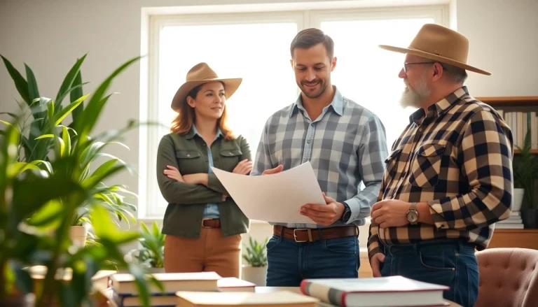 Engaging agriculture lawyer advising a farmer in a sunny office, showcasing professionalism and support.