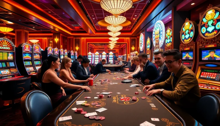 Exciting casino scene capturing the essence of jeet buzz with players enjoying poker and slot machines.