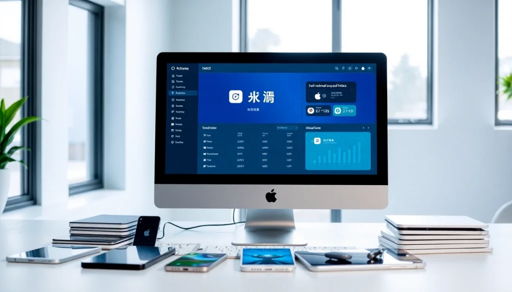 Interface of 爱思助手 software on a desktop with iPhones and iPads.