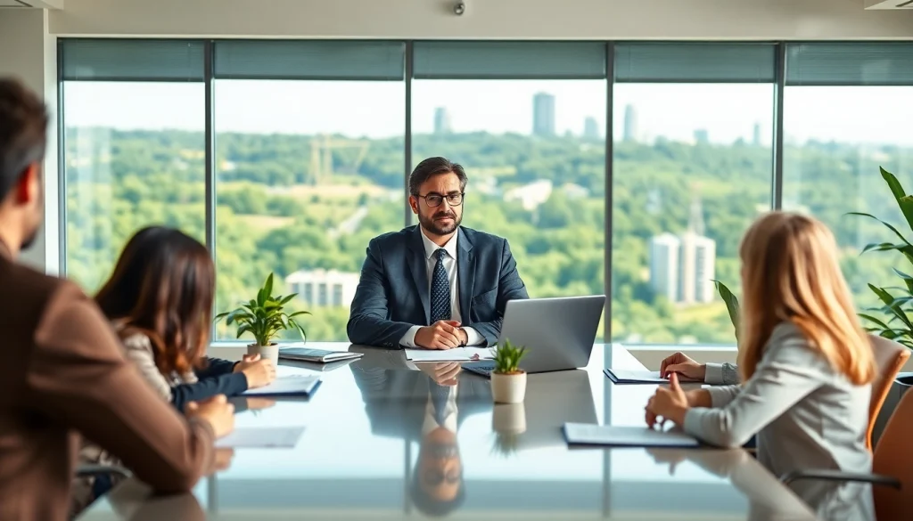 An environmental lawyer discusses legal matters with clients at a contemporary office setting.