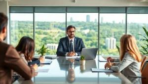 An environmental lawyer discusses legal matters with clients at a contemporary office setting.