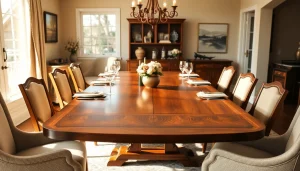 Highlighted extension tables set for a gathering in a cozy dining environment.