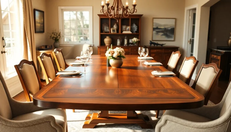 Highlighted extension tables set for a gathering in a cozy dining environment.