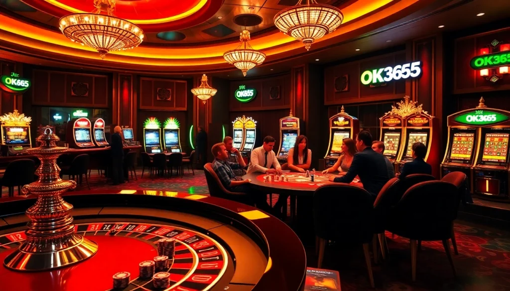 Experience thrilling gameplay at OK365's luxurious casino with a vibrant roulette table and excited players.