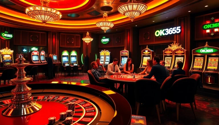 Experience thrilling gameplay at OK365's luxurious casino with a vibrant roulette table and excited players.