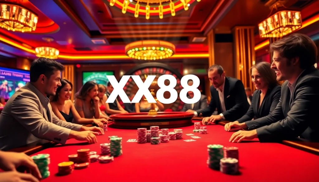 Action-packed gambling scene with poker chips and players enjoying XX88's offerings in a luxurious casino.