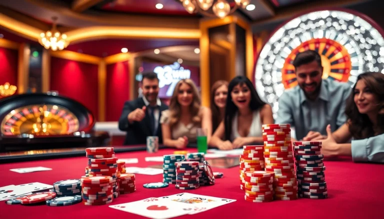 Players enjoying a thrilling poker game at 33win 7 casino, with vibrant chips and cards.