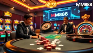 Experience luxury gaming at Trang Chủ MM88 with an elegant poker table, vibrant slots, and a roulette wheel.