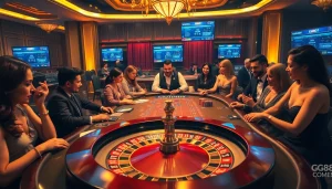 The dynamic atmosphere of a high-stakes game at gg88 com's luxurious casino, featuring poker chips and cards.