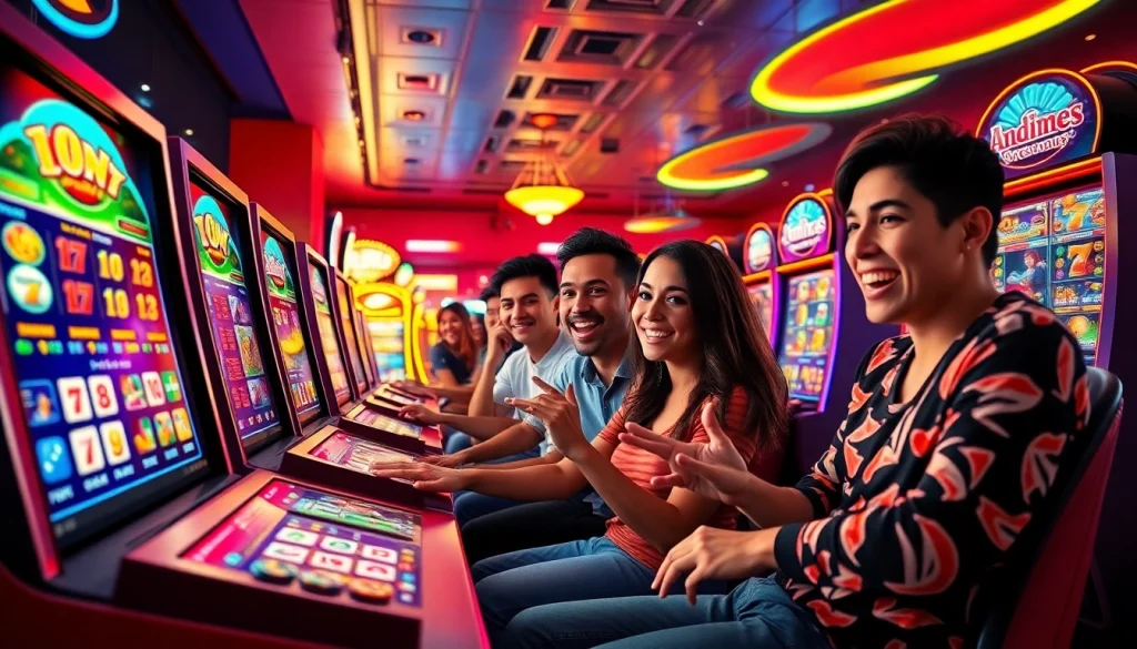 Exciting depiction of players enjoying the hoki138 online slot gaming experience with vibrant visuals and neon colors.