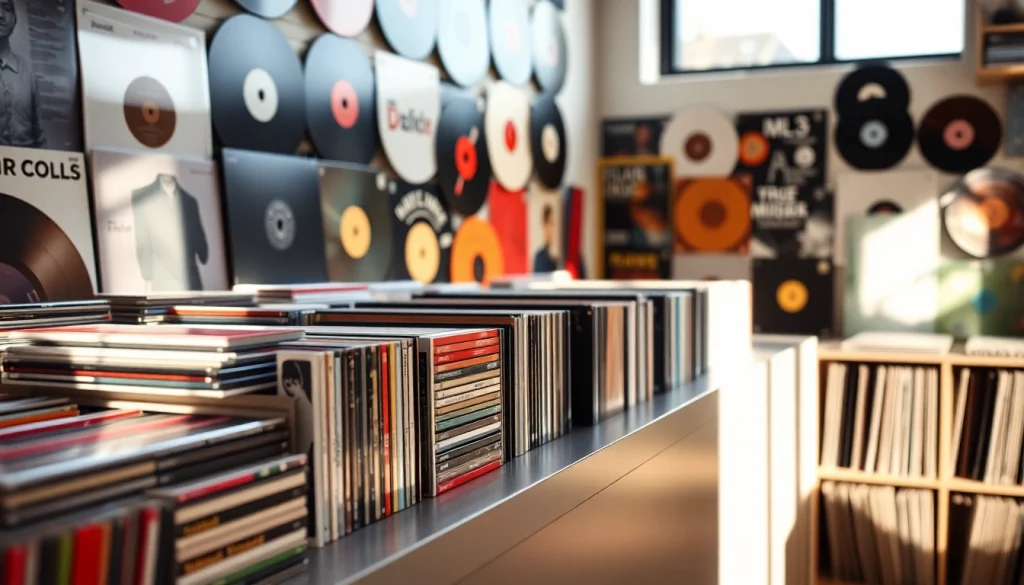 Curate a vibrant audio cd collection in a modern display setting with vintage vinyl.