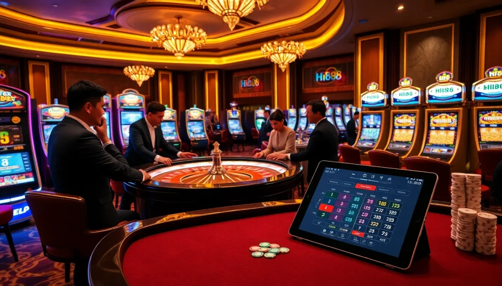 Hi88 players engaging at an upscale casino table, showcasing excitement and gaming strategy.