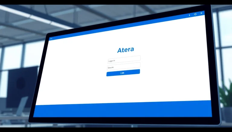 Atera login page displayed on a computer screen in a professional workspace setting.