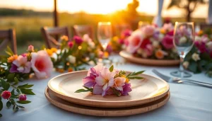 Decorative setup showcasing fancy eco-friendly plates for weddings with vibrant flowers.