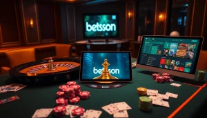 Betsson's vibrant online gambling interface with casino table, cards, and chips.