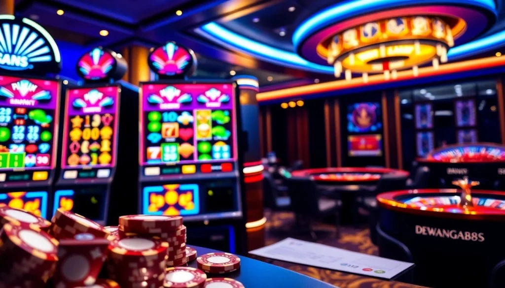 Permainan yang menarik di dewanaga89 dengan mesin slot berwarna-warni dan keping poker.