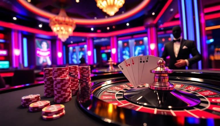 UU88 casino scene with vibrant poker table and roulette wheel, showcasing luxury and excitement.
