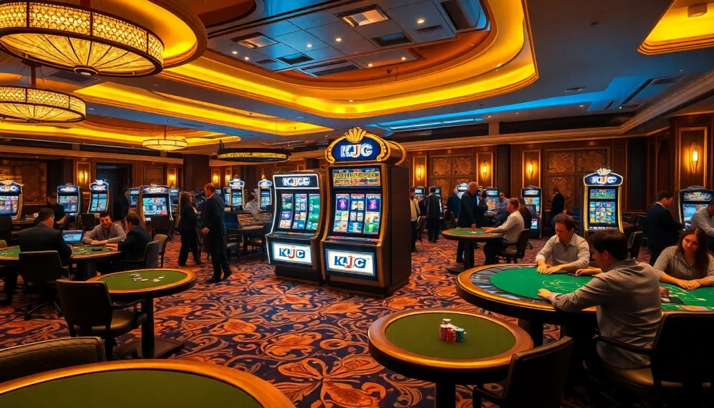 KJC luxury casino experience featuring vibrant slot machines and enthusiastic players at poker tables.