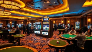 KJC luxury casino experience featuring vibrant slot machines and enthusiastic players at poker tables.