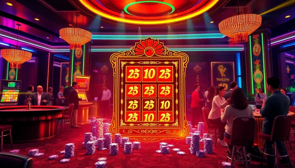Spin the exciting nổ hủ slot machine surrounded by vibrant casino ambiance for thrilling wins.