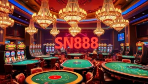 Exciting casino scene featuring SN888 with poker chips, lively players, and colorful slot machines.
