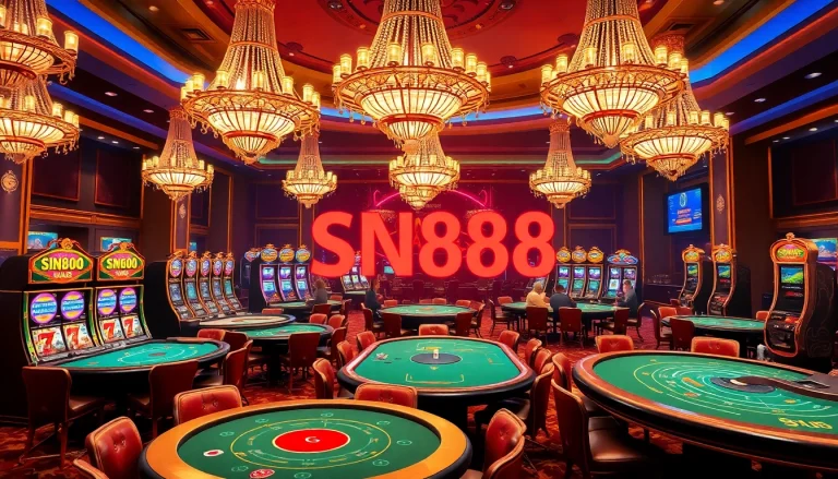 Exciting casino scene featuring SN888 with poker chips, lively players, and colorful slot machines.
