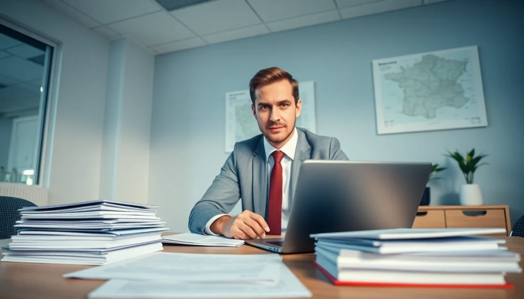 Traducteur assermenté certifié à Strasbourg travaillant dans un bureau moderne avec des documents et de la technologie.