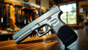 Showcasing the polymer 80 glock 17​ with a textured grip on a wooden counter in natural light.