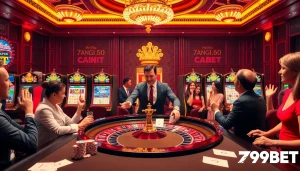 Experience the thrill of gaming at 789BET with a vibrant casino scene featuring a professional dealer and exciting slot machines.