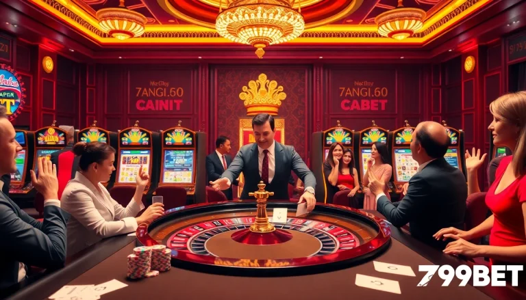 Experience the thrill of gaming at 789BET with a vibrant casino scene featuring a professional dealer and exciting slot machines.