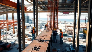Showcasing structural steel installation with skilled workers assembling large steel beams on-site.