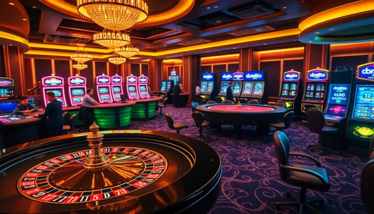 Experience the excitement of obraltoto at a vibrant casino scene filled with roulette tables and colorful slots.
