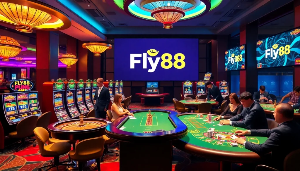 Fly88 casino scene showcasing vibrant slot machines and engaging players at poker tables.