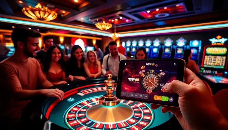 Players celebrating a win at new66, featuring poker chips and a smartphone gaming app.