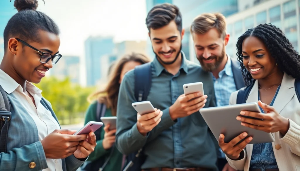 Apply for esta application with travelers using technology in a vibrant urban setting.