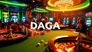 DAGA online betting scene showcasing excitement with poker chips, roulette wheels, and vibrant casino atmosphere.