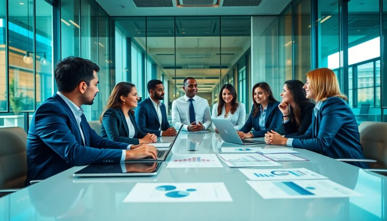 Group discussing finance in a modern office, highlighting BOX138's professional atmosphere.