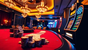 The luxurious casino scene showcases an exciting gaming table with 'lc 88' elements, vibrant chips, and winning cards.