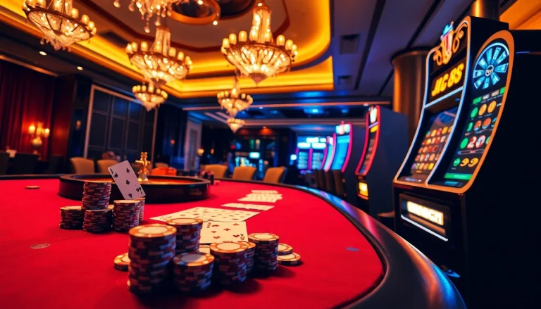 The luxurious casino scene showcases an exciting gaming table with 'lc 88' elements, vibrant chips, and winning cards.