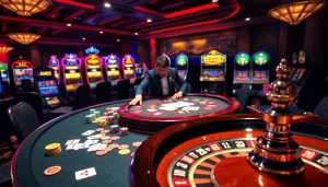Dynamic casino scene featuring nhá cái f168 with poker chips and a spinning roulette wheel.
