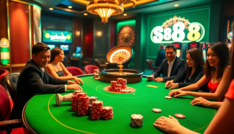 Go8 players strategizing at a luxurious poker table in an opulent casino setting, evoking excitement and professionalism.