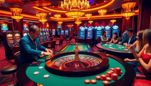 w88 mới nhất - Engaging casino scene with roulette, poker tables, and vibrant slot machines
