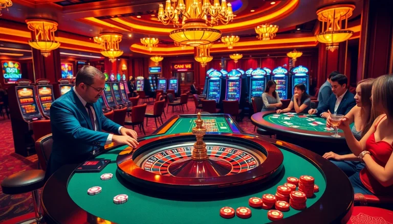w88 mới nhất - Engaging casino scene with roulette, poker tables, and vibrant slot machines
