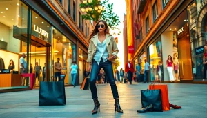 Shop and buy designer apparel online with stylish model in urban setting.