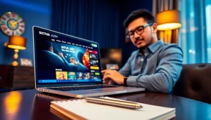 Menganalisis situs judi dalam pengaturan perjudian online modern dengan laptop dan catatan.
