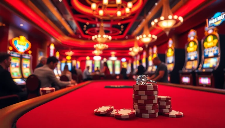 Engaging in high-stakes poker reveals a stunning 人造戒指 resting on colorful poker chips in a luxurious casino.