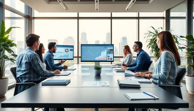 Analyze competitive intelligence in a modern office setting with data displays and a collaborative team.