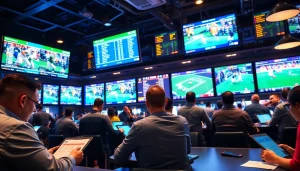 Engaging sports betting Oklahoma scene with enthusiastic bettors analyzing odds.