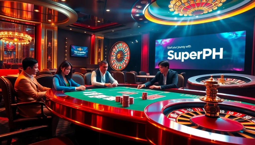 Start your journey with SuperPH at an elegant casino scene featuring vibrant colors and gameplay excitement.