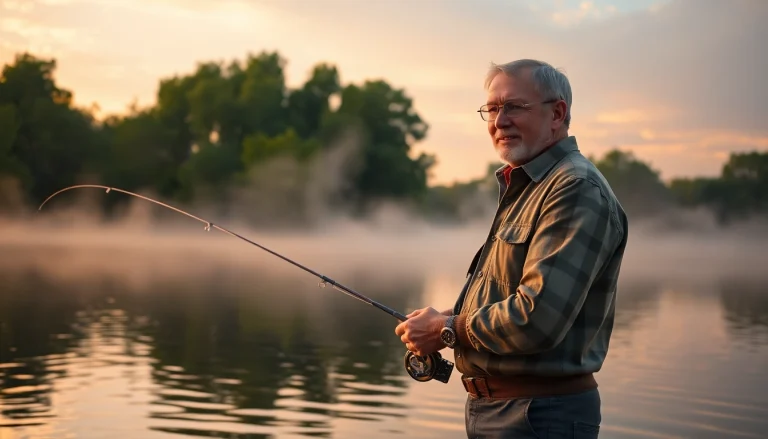 Angler fly fishing for bass in a serene lake at sunrise, capturing the thrill of the sport.